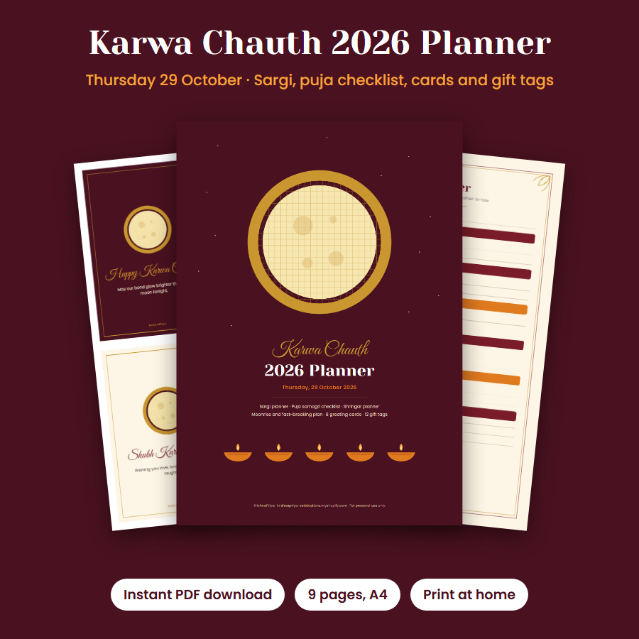 Karwa Chauth 2026 planner for Thursday 29 October with chalni and moon