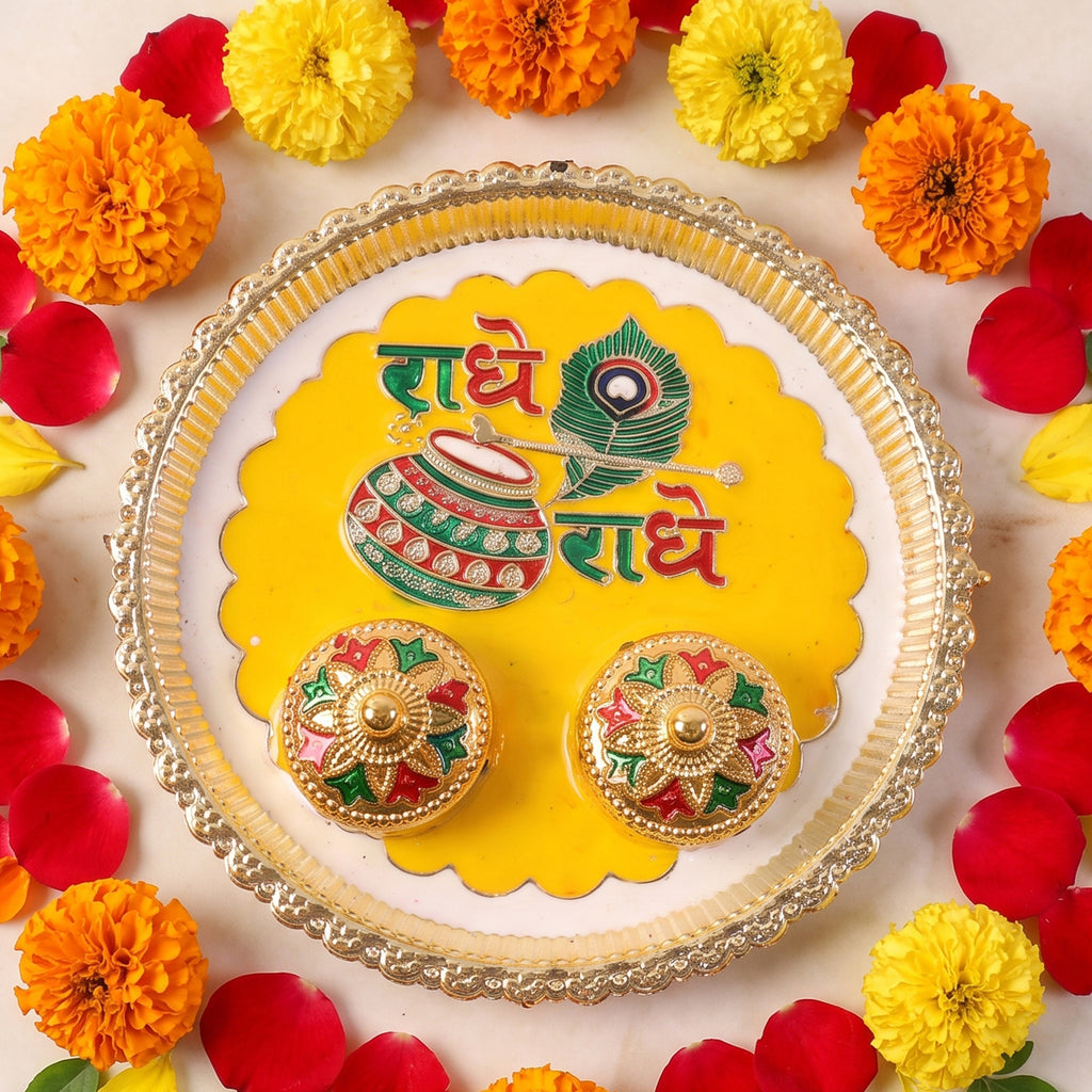 Kumkum haldi pooja thali with Radhe Radhe design, photo 3