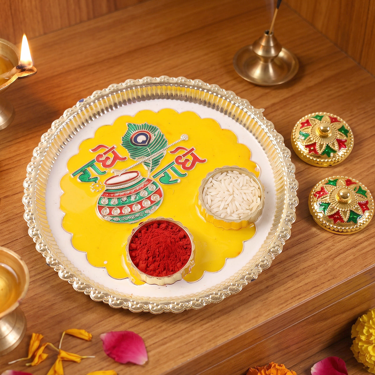 Kumkum haldi pooja thali with Radhe Radhe design, photo 5