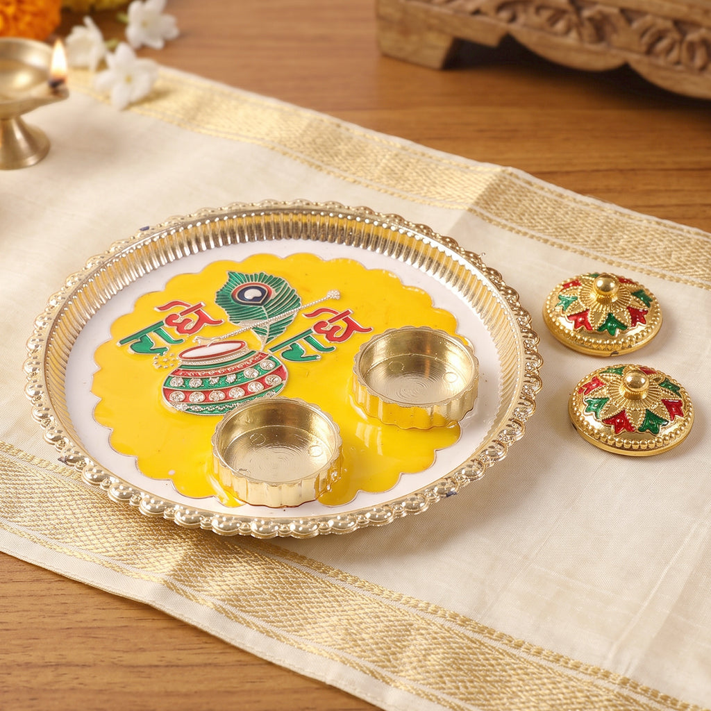 Kumkum haldi pooja thali with Radhe Radhe design, photo 6