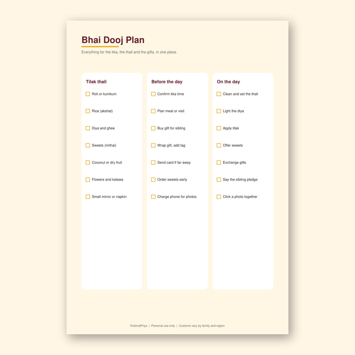 Bhai Dooj 2026 printable cards, gift tags and checklist, inside page preview 1