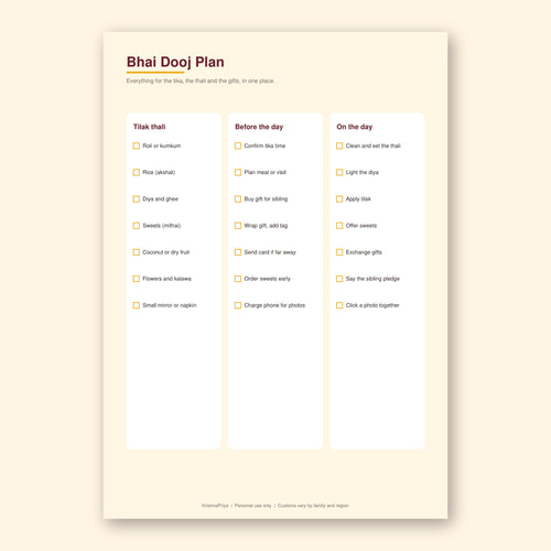 Bhai Dooj 2026 printable cards, gift tags and checklist, inside page preview 1
