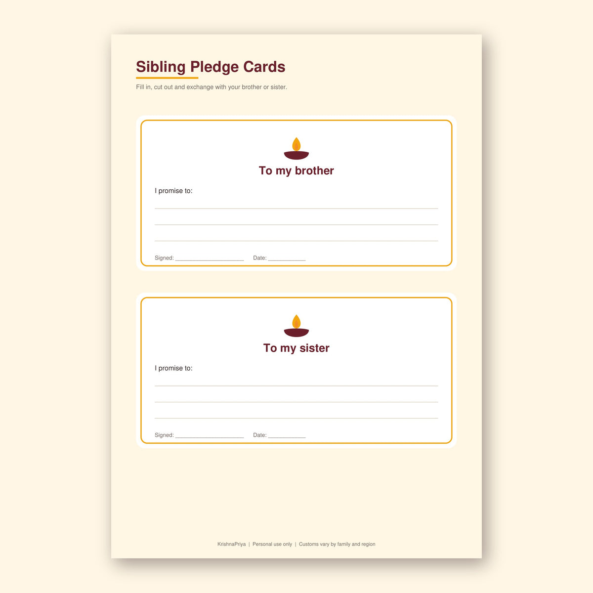 Bhai Dooj 2026 printable cards, gift tags and checklist, inside page preview 2