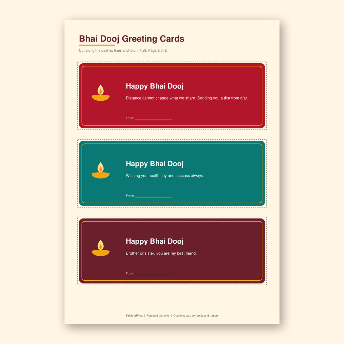 Bhai Dooj 2026 printable cards, gift tags and checklist, inside page preview 3
