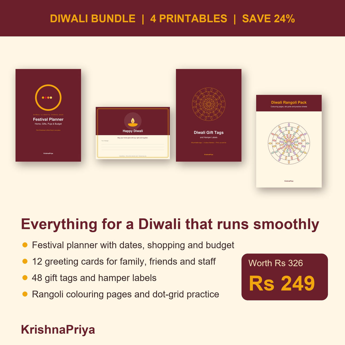 Diwali printable bundle with festival planner, greeting cards, gift tags and rangoli pack covers
