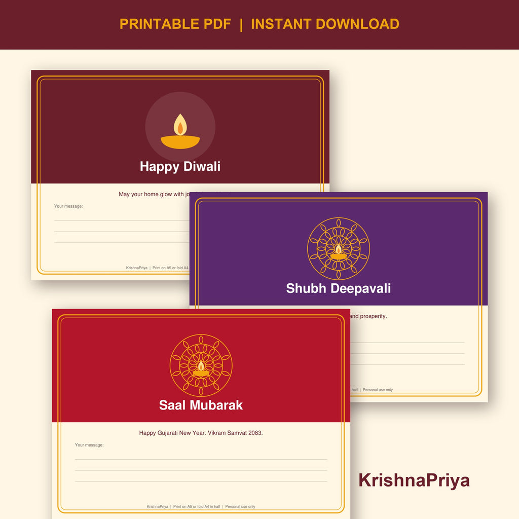Diwali and Saal Mubarak printable greeting cards