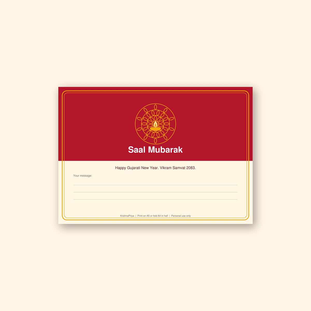 Diwali and Saal Mubarak printable greeting cards, inside page preview 2