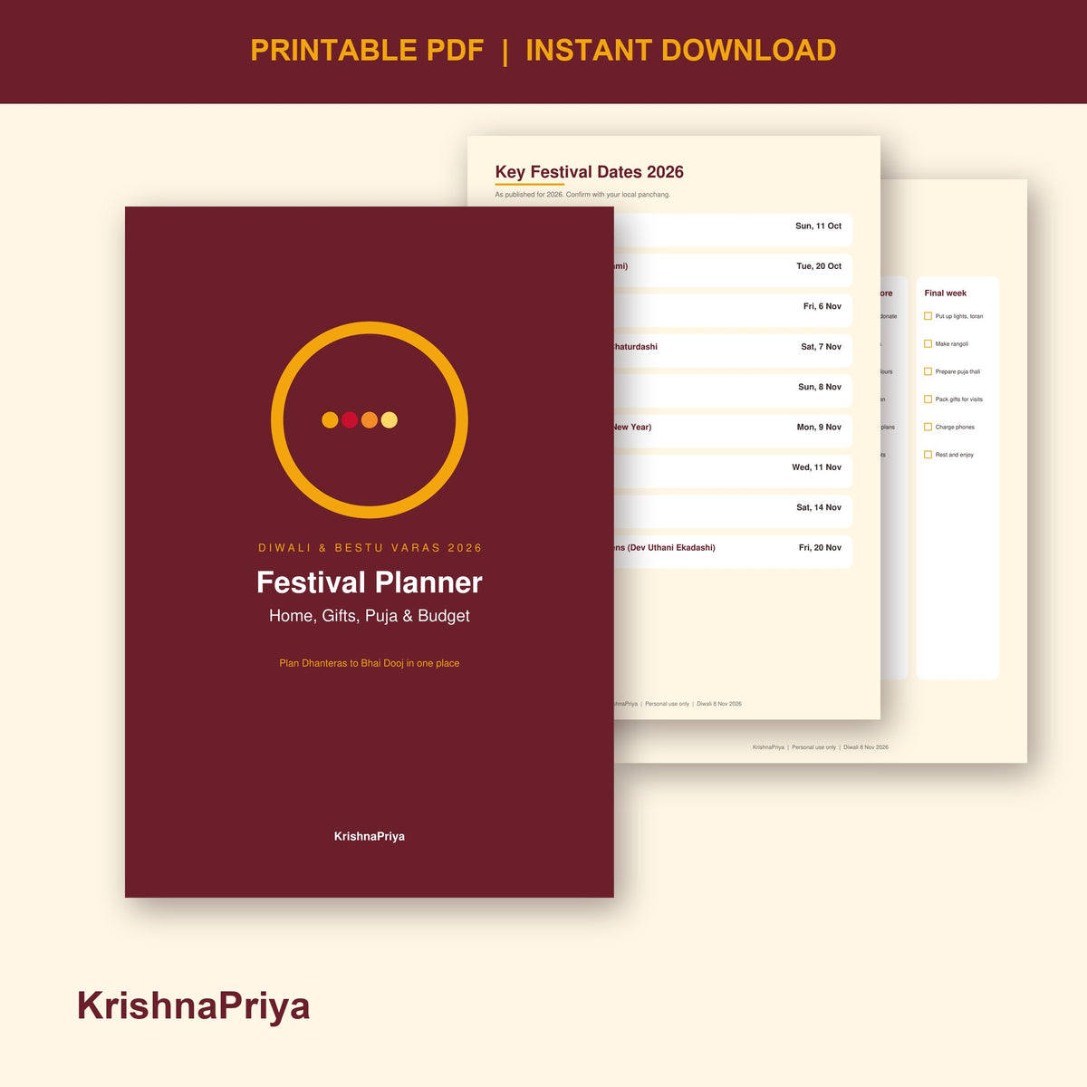Diwali and Bestu Varas 2026 Festival Planner printable PDF