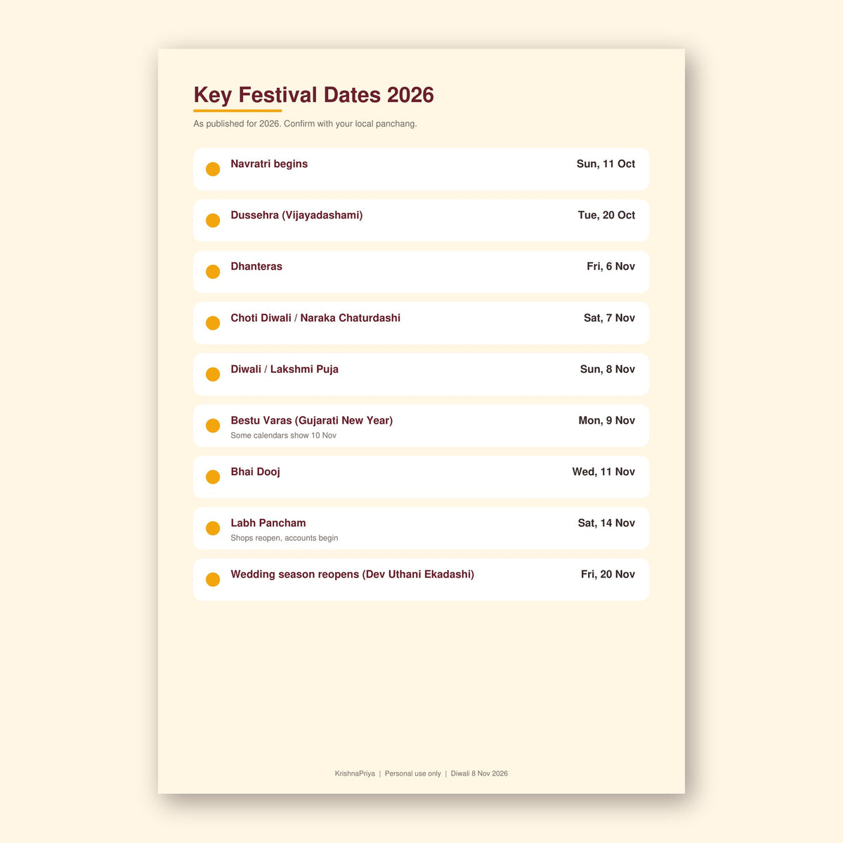 Diwali and Bestu Varas 2026 Festival Planner printable PDF, inside page preview 1