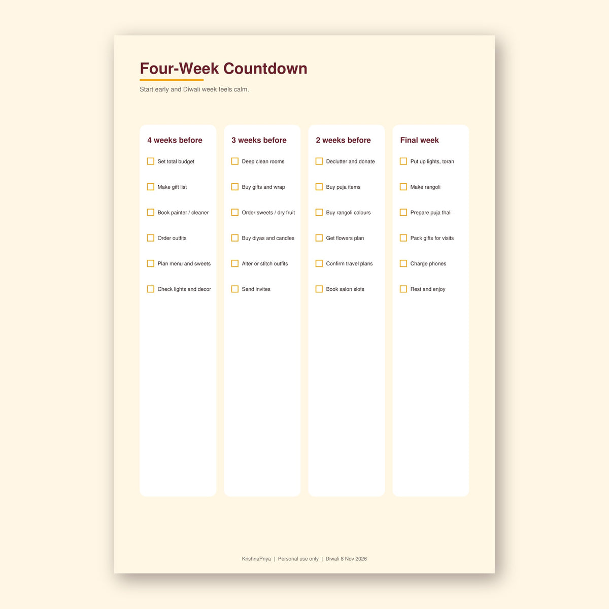 Diwali and Bestu Varas 2026 Festival Planner printable PDF, inside page preview 2