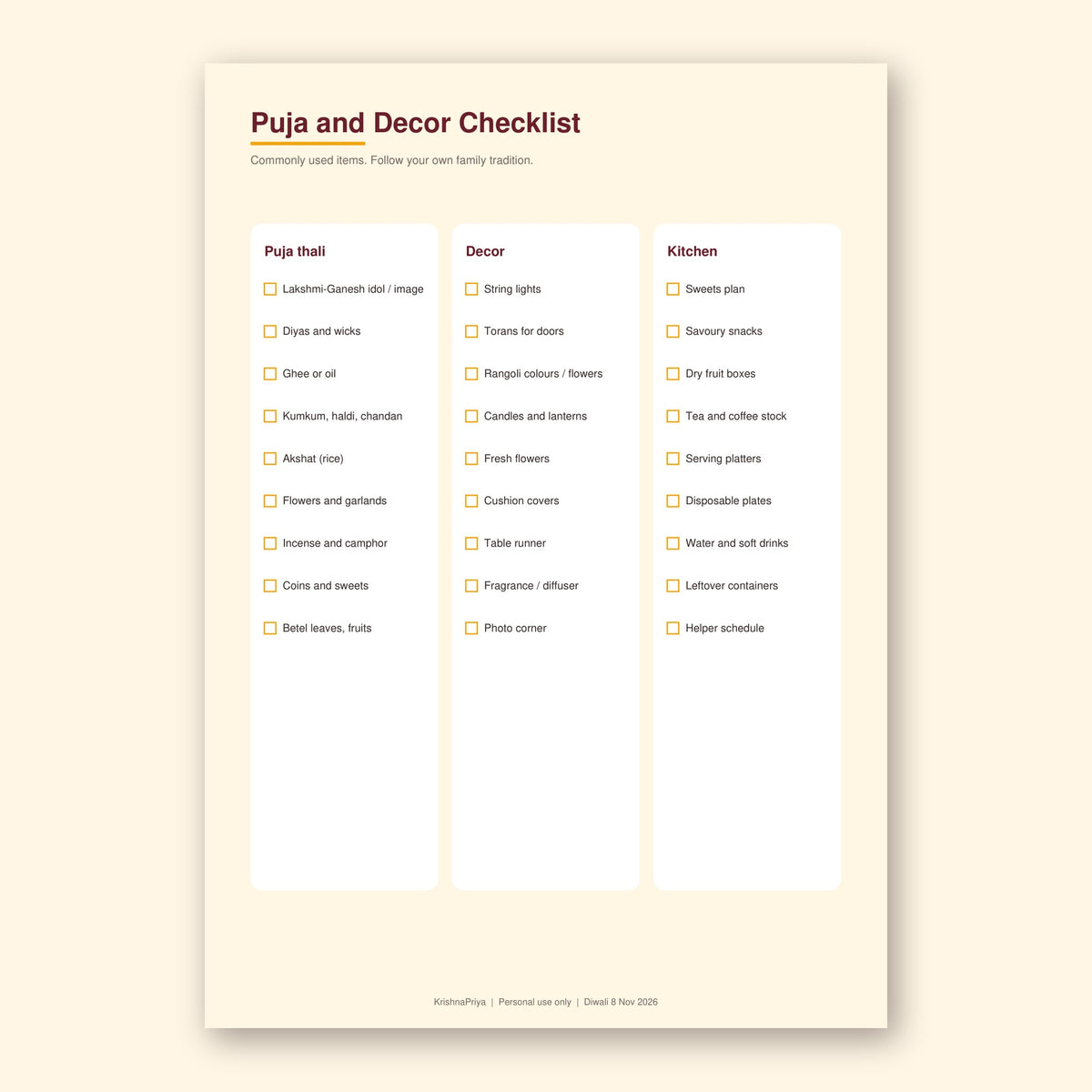 Diwali and Bestu Varas 2026 Festival Planner printable PDF, inside page preview 3