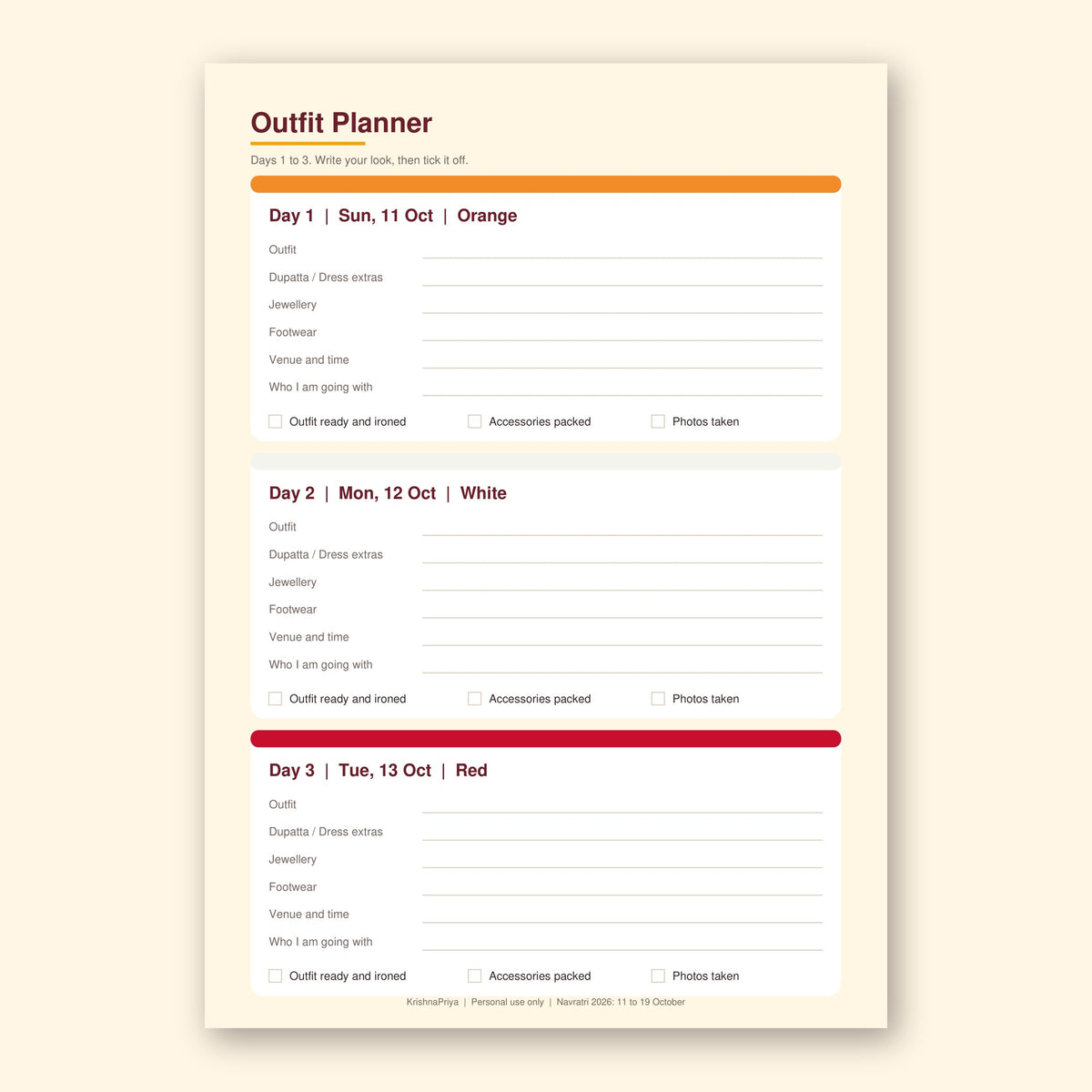 Navratri 2026 Garba Planner printable PDF, inside page preview 2