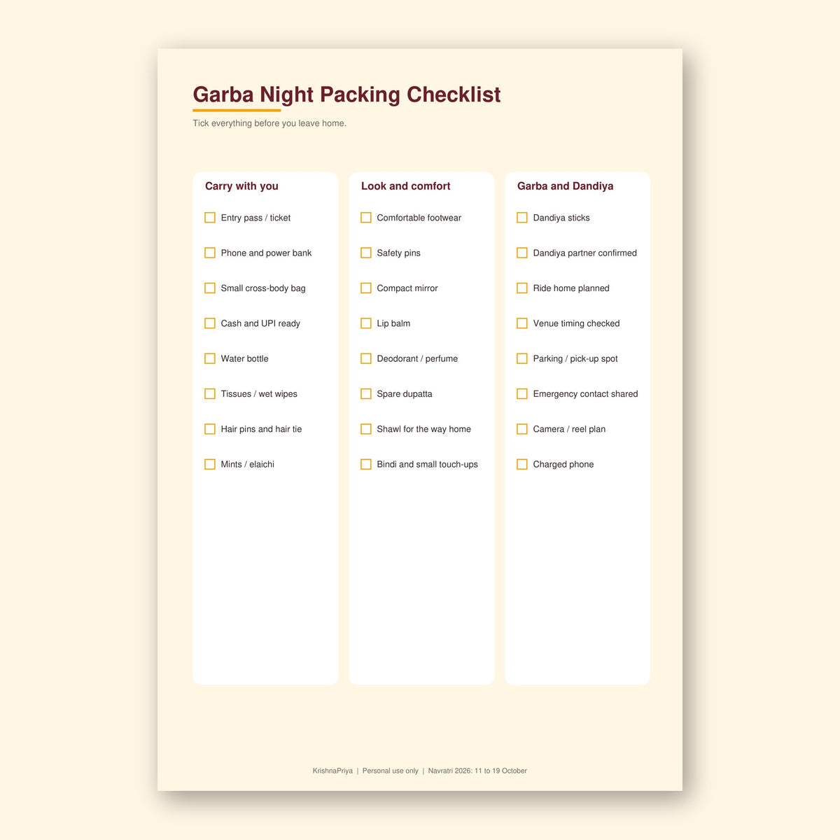 Navratri 2026 Garba Planner printable PDF, inside page preview 3