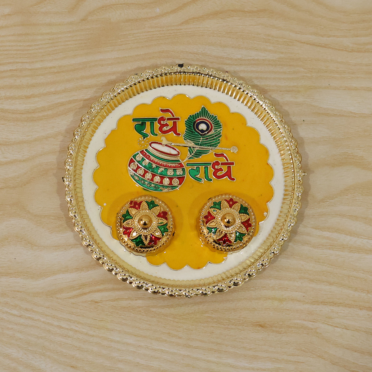 Kumkum haldi pooja thali with Radhe Radhe design, photo 7