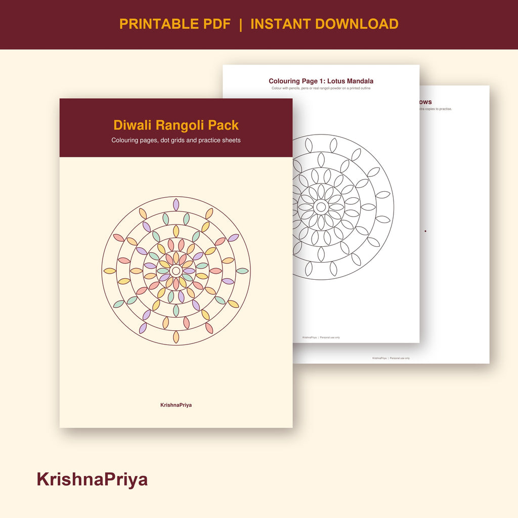 Diwali rangoli colouring and dot grid printable pack