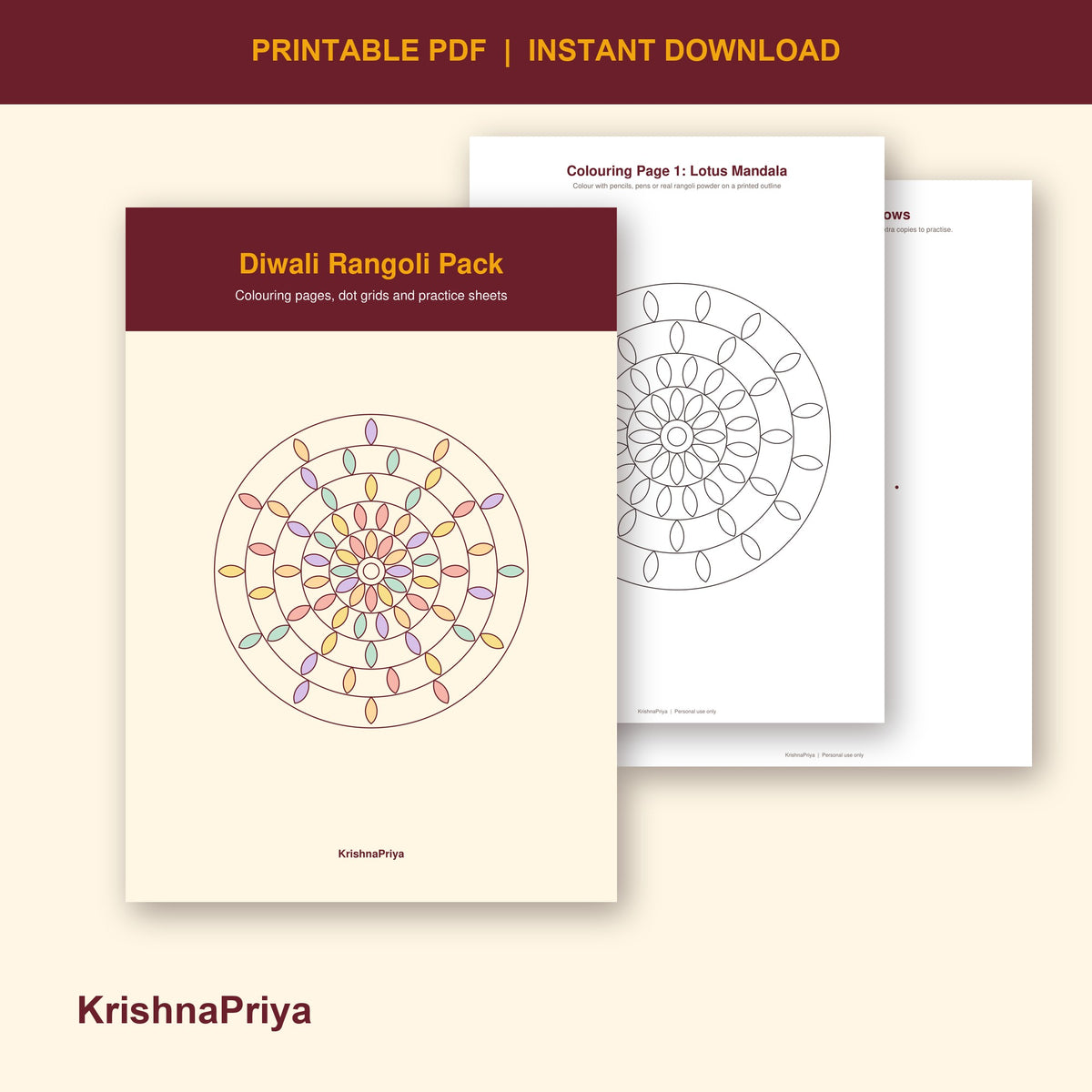 Diwali rangoli colouring and dot grid printable pack