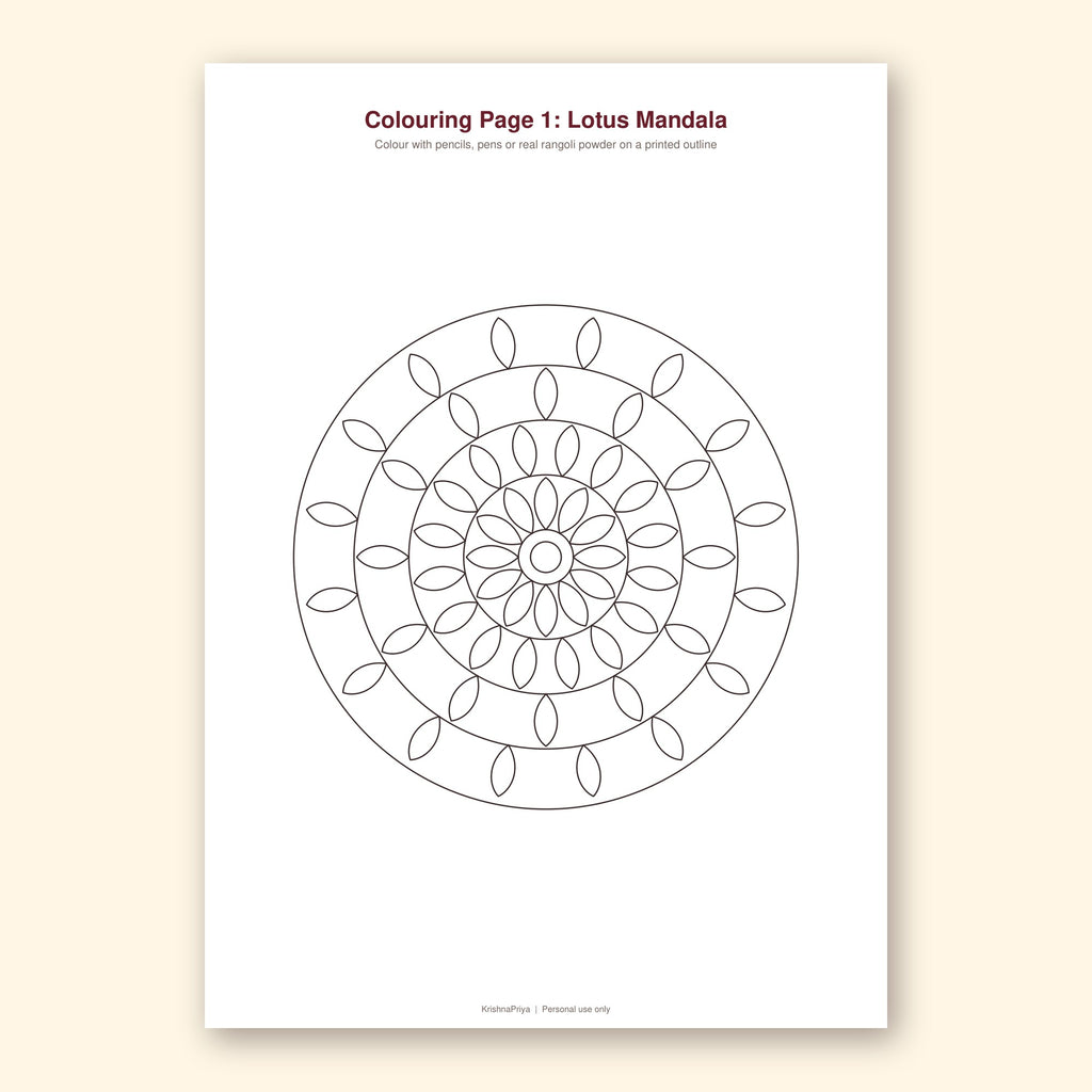 Diwali rangoli colouring and dot grid printable pack, inside page preview 1