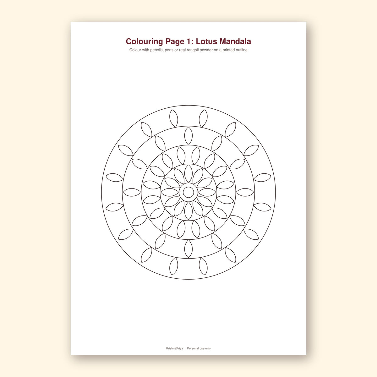 Diwali rangoli colouring and dot grid printable pack, inside page preview 1