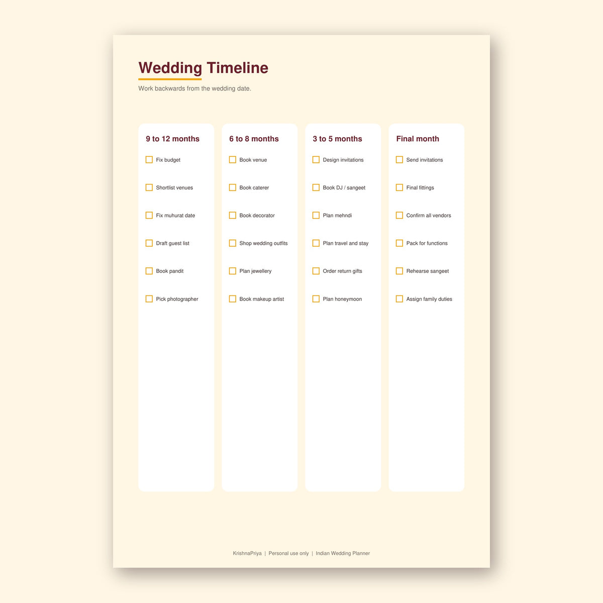 Indian Wedding Planner printable PDF, inside page preview 1