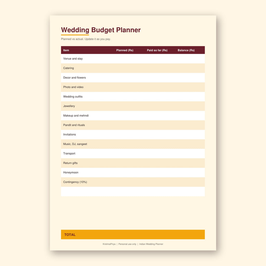 Indian Wedding Planner printable PDF, inside page preview 2