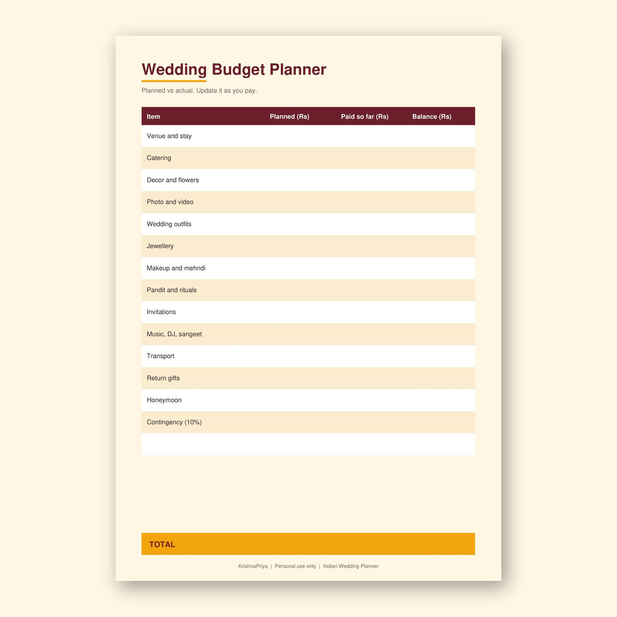 Indian Wedding Planner printable PDF, inside page preview 2