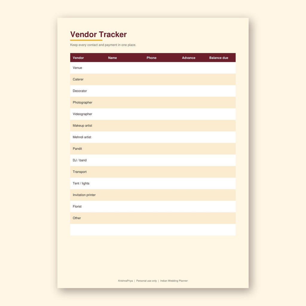 Indian Wedding Planner printable PDF, inside page preview 3