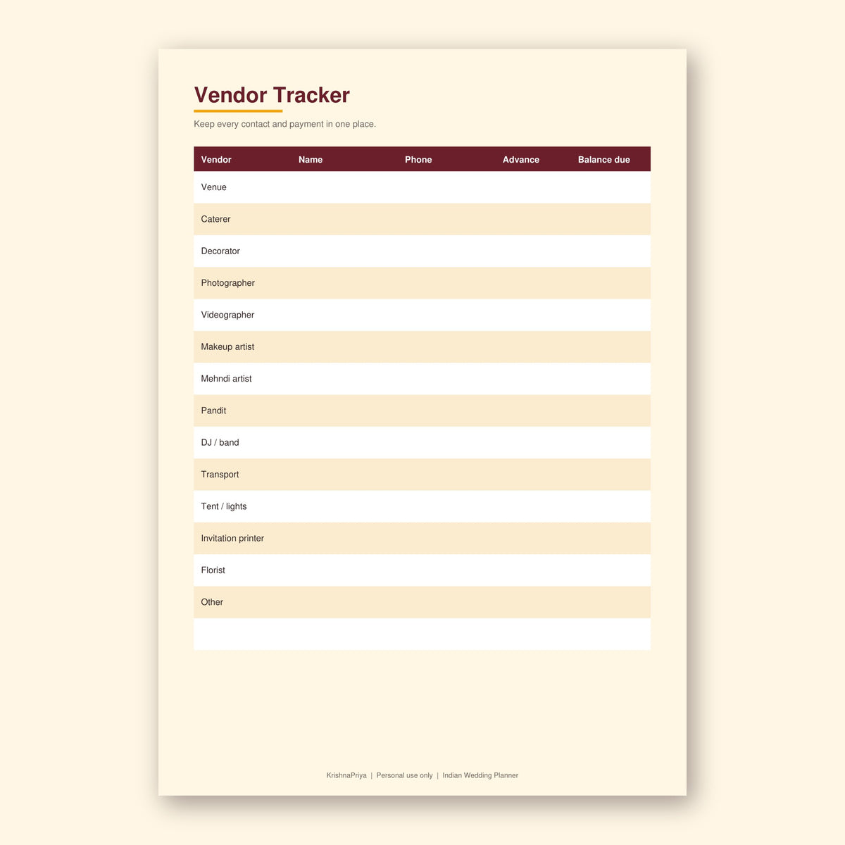 Indian Wedding Planner printable PDF, inside page preview 3