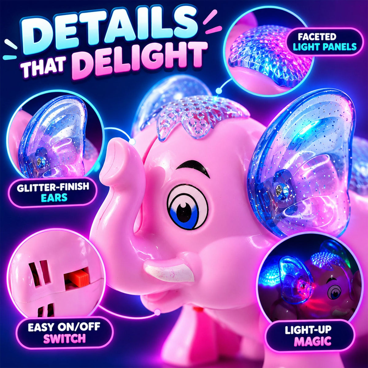 Musical elephant toy with colourful lights, photo 4